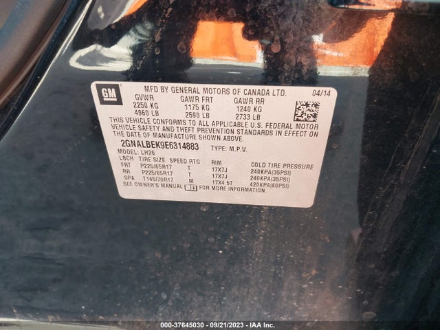 2014 CHEVROLET EQUINOX LT VIN: 2GNALBEK9E6314883