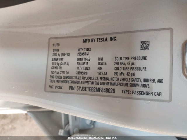 Tesla Model 3 Long Range 2021 5YJ3E1EB2MF848029 Image 9