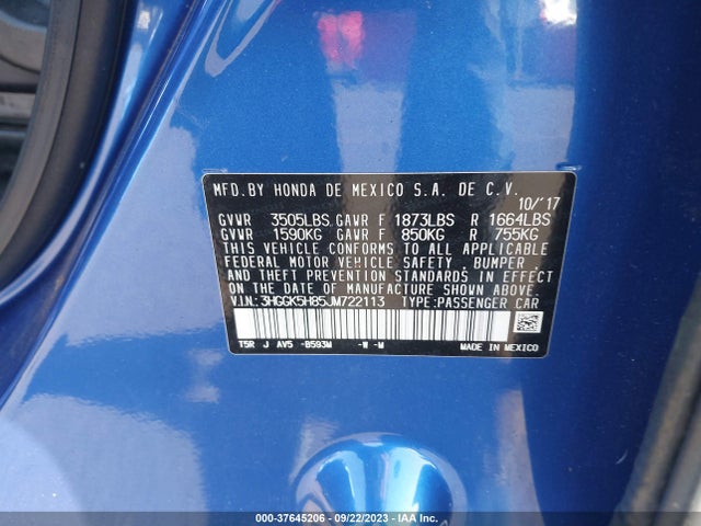 2018 HONDA FIT EX VIN: 3HGGK5H85JM722113