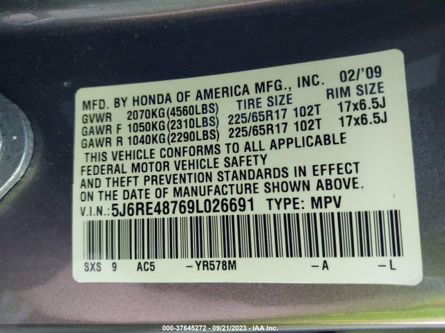 2009 HONDA CR-V EX-L VIN: 5J6RE48769L026691