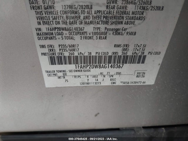 37645425 :رقم المزاد ، 1FAHP2DW8AG140367 vin ، 2010 Ford Taurus Se مزاد بيع
