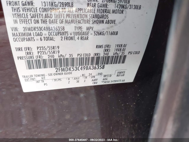 2009 FORD FLEX LIMITED VIN: 2FMDK53C49BA36358