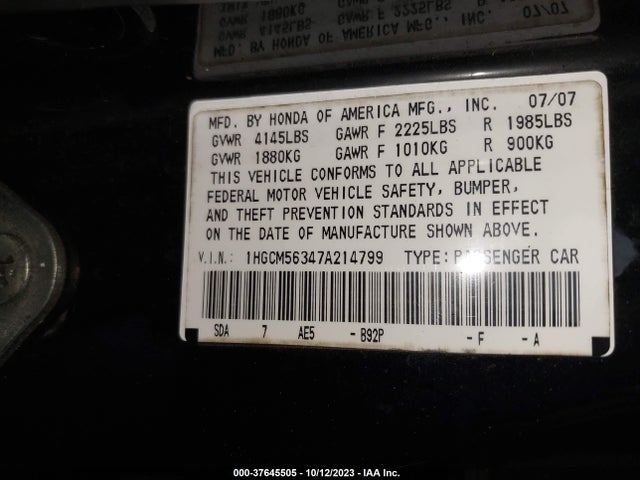 2007 HONDA ACCORD SDN LX SE VIN: 1HGCM56347A214799