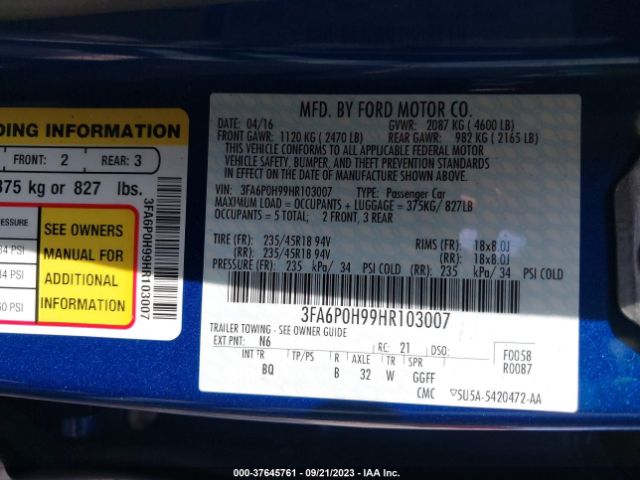 3FA6P0H99HR103007 Ford FUSION SE