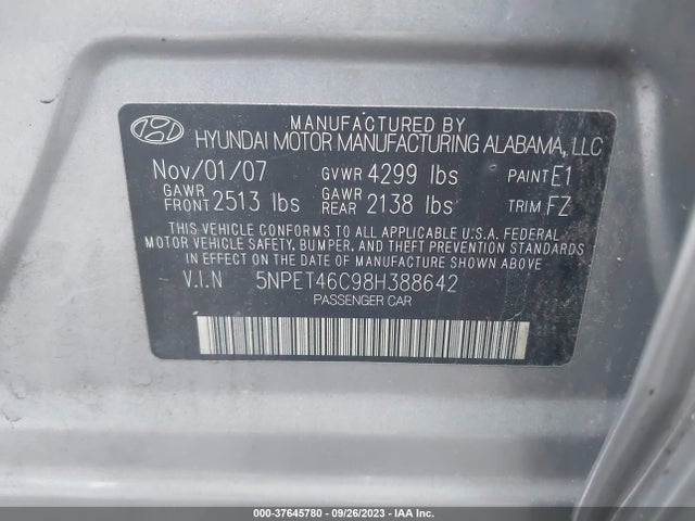 2008 HYUNDAI SONATA GLS VIN: 5NPET46C98H388642