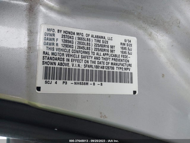 2004 HONDA ODYSSEY EX-RES VIN: 5FNRL18814B128799