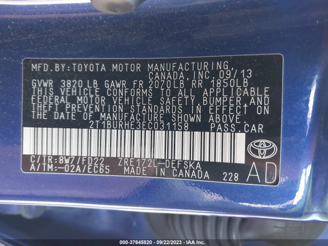 2014 TOYOTA COROLLA L/LE/S/S PLUS/LE PLUS VIN: 2T1BURHE3EC031158