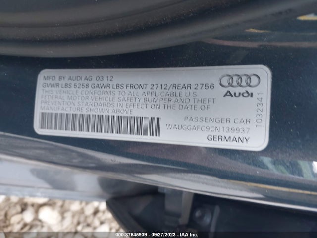 2012 AUDI A6 3.0T PREMIUM PLUS VIN: WAUGGAFC9CN139937