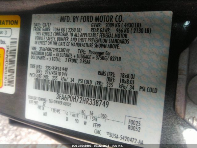 3FA6P0H72HR338749 Ford FUSION SE