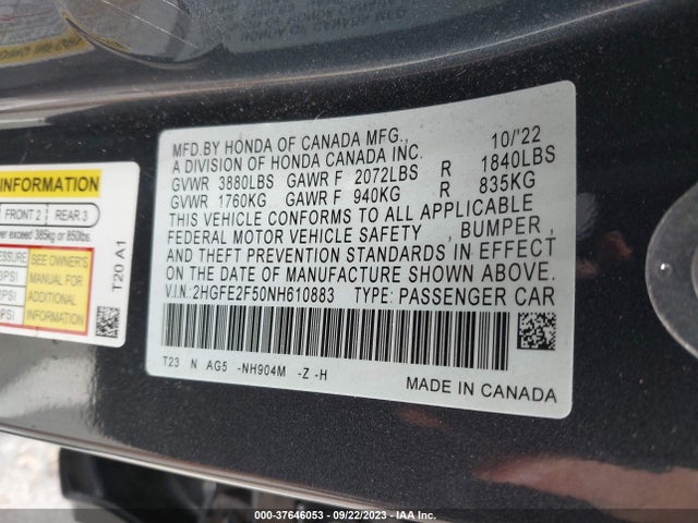 Honda Civic Sport 2022 2HGFE2F50NH610883 Image 9