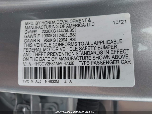 2021 HONDA ACCORD SEDAN SPORT VIN: 1HGCV2F31MA032338