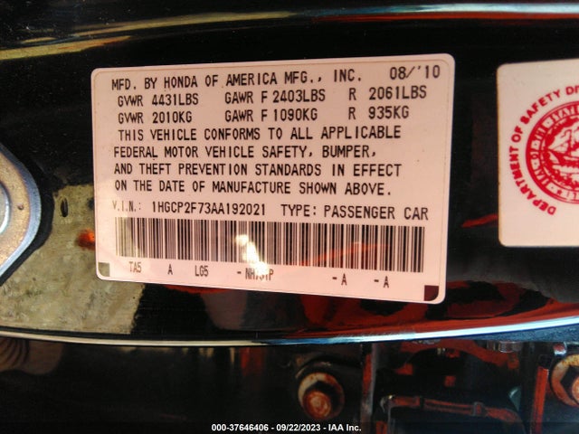 2010 HONDA ACCORD SDN EX VIN: 1HGCP2F73AA192021