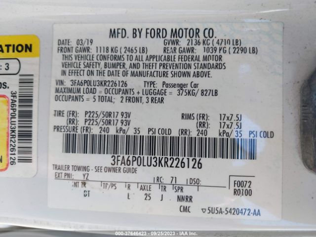 3FA6P0LU3KR226126 Ford Fusion Hybrid Se