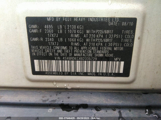 2011 SUBARU OUTBACK 3.6R LIMITED PWR MOON VIN: 4S4BRDKC4B2335729