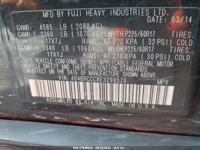Subaru Outback 2.5i Premium 2014 4S4BRCCCXE3299570 Image 9