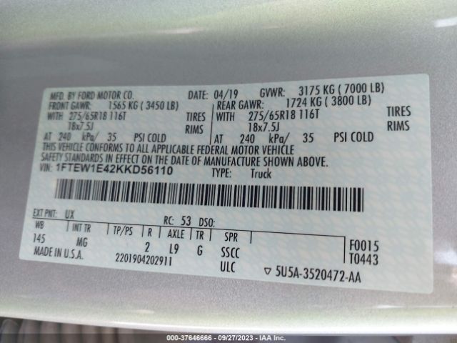 1FTEW1E42KKD56110 Ford F-150 Xl/xlt/lariat