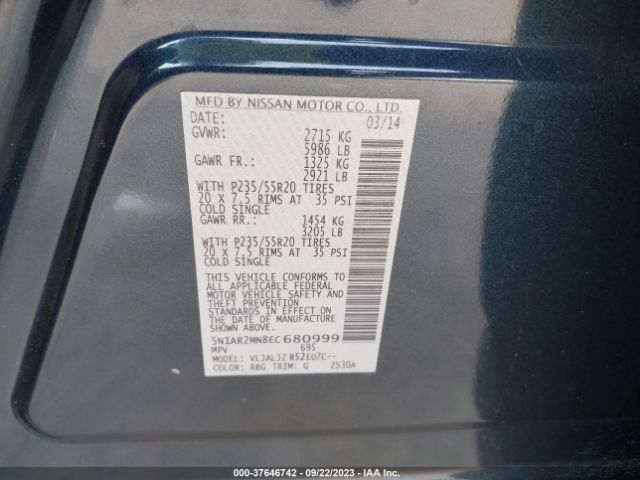 5N1AR2MN8EC680999 Nissan Pathfinder Platinum