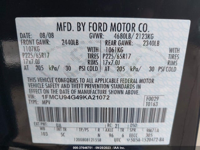 2009 FORD ESCAPE LIMITED VIN: 1FMCU94G49KA21072