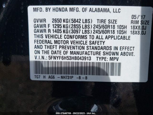 5FNYF6H53HB043913 Honda Pilot Ex-l