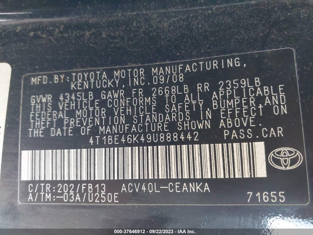 2009 TOYOTA CAMRY VIN: 4T1BE46K49U888442