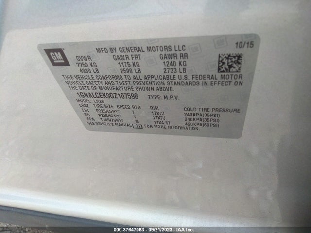 Chevrolet EQUINOX LT 2016 1GNALCEK9GZ107598 Image 9