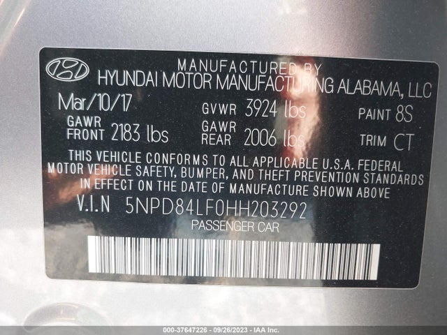 2017 HYUNDAI ELANTRA VALUE EDITION VIN: 5NPD84LF0HH203292