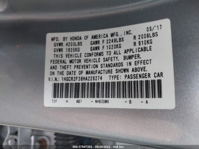 1HGCR2F38HA229274 Honda Accord Sedan Lx
