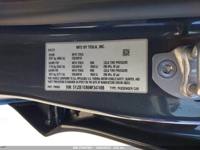 2022 TESLA MODEL 3 LONG RANGE VIN: 5YJ3E1EB6NF347498