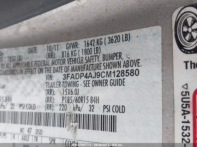 2012 FORD FIESTA S VIN: 3FADP4AJ9CM128580