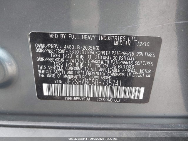 2011 SUBARU FORESTER 2.5X VIN: JF2SHABC5BH735741