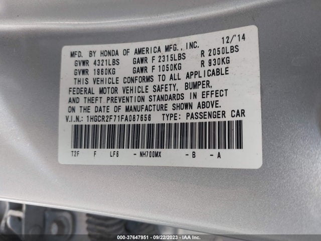 Honda Accord Sedan Ex 2015 1HGCR2F71FA087656 Image 9