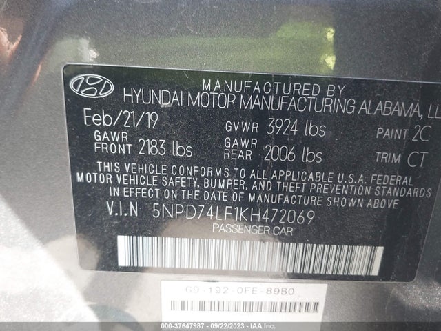 2019 HYUNDAI ELANTRA SE VIN: 5NPD74LF1KH472069