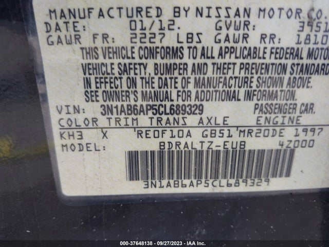 2012 NISSAN SENTRA 2.0 S VIN: 3N1AB6AP5CL689329