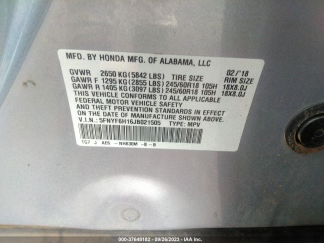 5FNYF6H16JB021505 Honda PILOT LX
