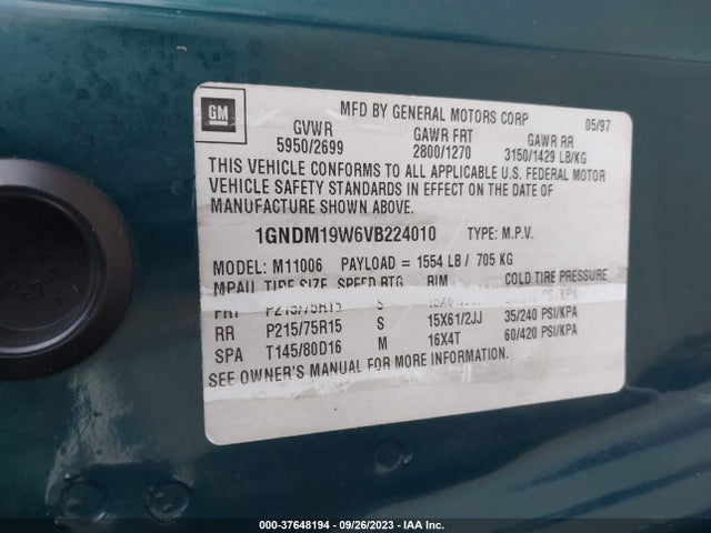 1997 CHEVROLET ASTRO PASSENGER VIN: 1GNDM19W6VB224010