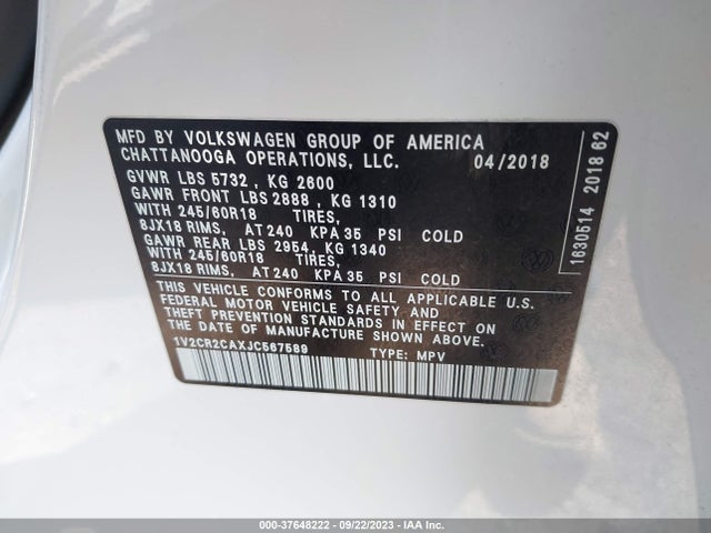 1V2CR2CAXJC567589 Volkswagen Atlas 3.6l V6 Se