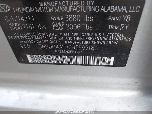 2015 HYUNDAI ELANTRA SE VIN: 5NPDH4AE7FH599518