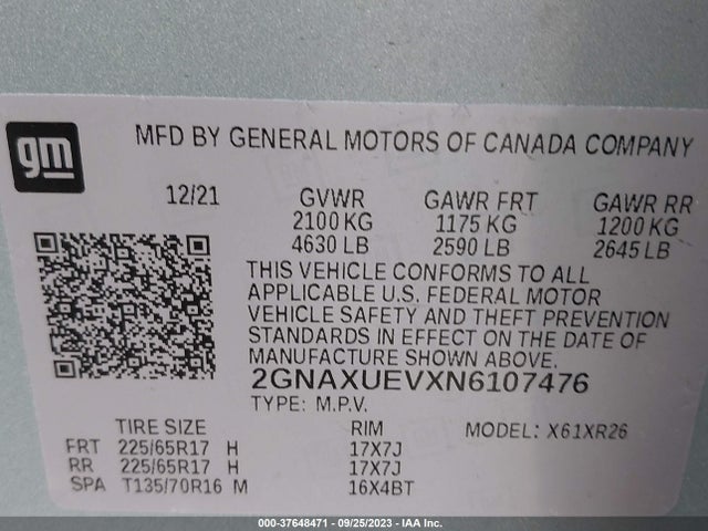 Chevrolet EQUINOX LT 2022 2GNAXUEVXN6107476 Image 9