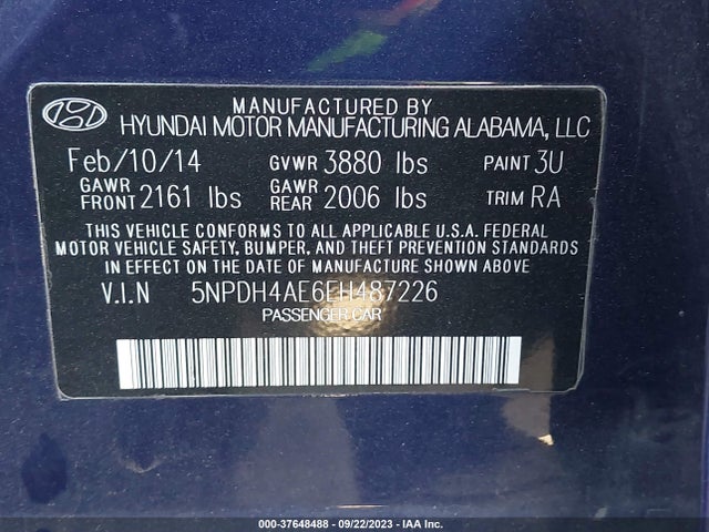 2014 HYUNDAI ELANTRA SE VIN: 5NPDH4AE6EH487226