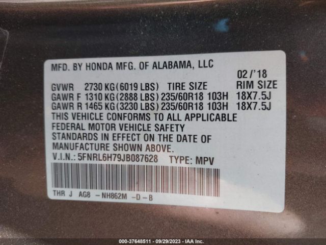 5FNRL6H79JB087628 Honda Odyssey Ex-l