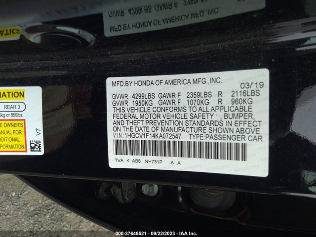 2019 HONDA ACCORD SEDAN LX 1.5T VIN: 1HGCV1F14KA072547
