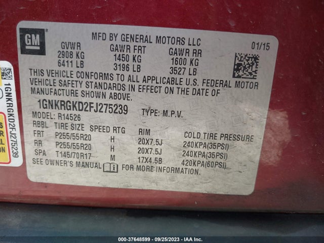 Chevrolet Traverse 1lt 2015 1GNKRGKD2FJ275239 Image 9