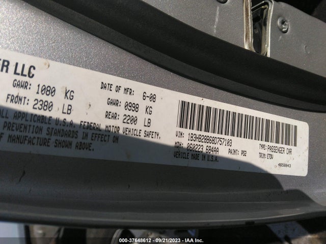 2008 DODGE CALIBER SE VIN: 1B3HB28B68D757103