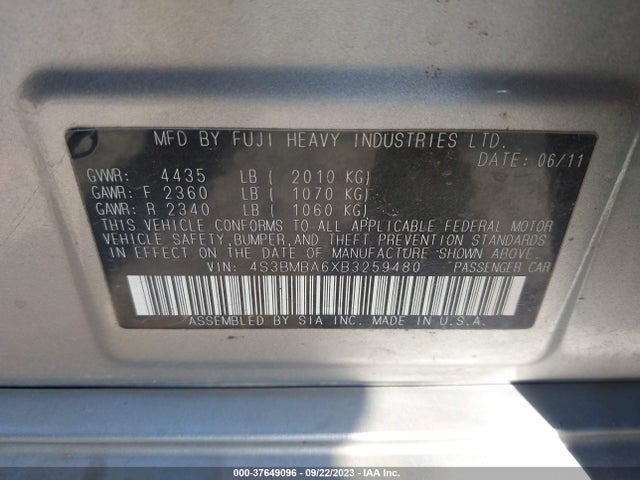 2011 SUBARU LEGACY 2.5I VIN: 4S3BMBA6XB3259480