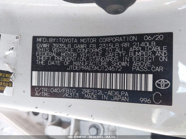 2021 TOYOTA COROLLA LE VIN: JTDEPMAE5MJ124672