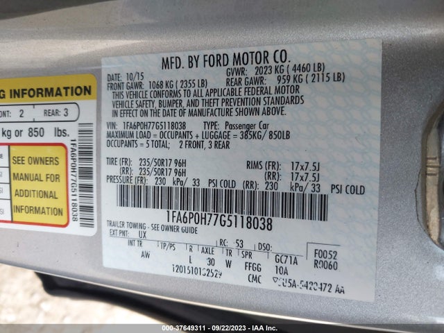 Ford FUSION SE 2016 1FA6P0H77G5118038 Image 9