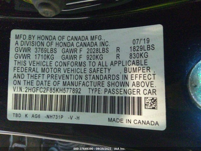 2HGFC2F85KH577892 Honda Civic Sport