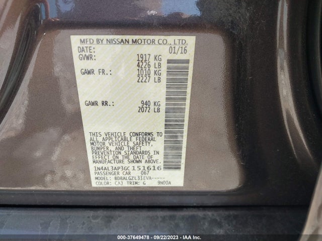 2016 NISSAN ALTIMA 2.5 VIN: 1N4AL3AP3GC151616