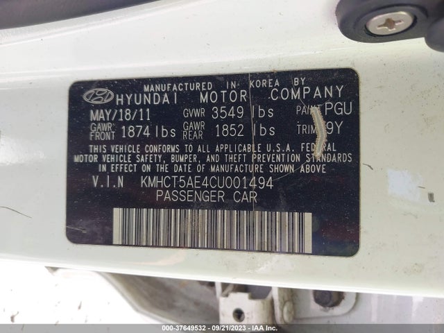 2012 HYUNDAI ACCENT GS VIN: KMHCT5AE4CU001494