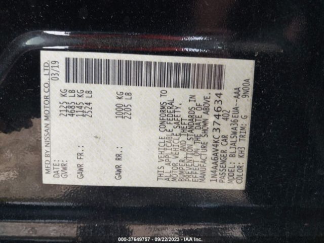 1N4AA6AV4KC374634 Nissan Maxima Sr
